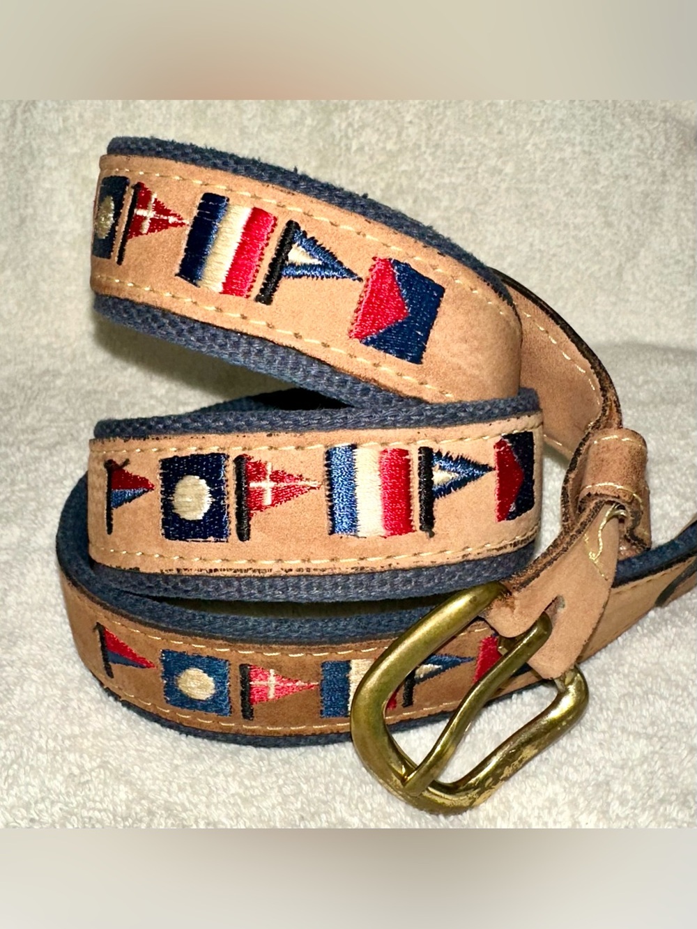 Vintage 90s Zeppelin Nautical Flag Embroidered Canvas & Leather Belt Size 40